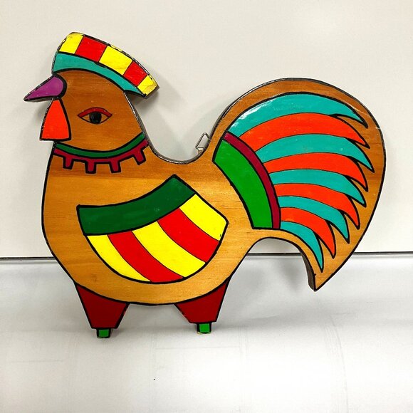 Folk Art Vibrant Colored Wood Rooster Handmade in El Salvador Wall Hanging - Picture 1 of 6